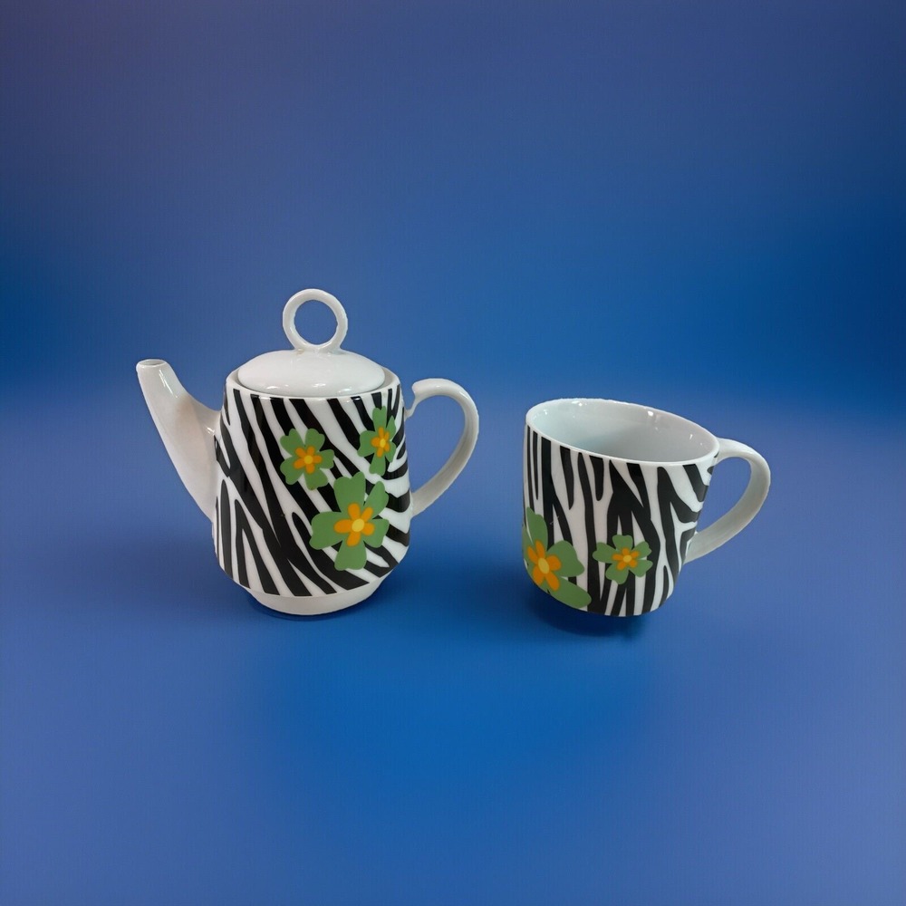 TEA FOR ONE Cute Ceramic Teapot & Cup Zebra Stripe and Flowers‎